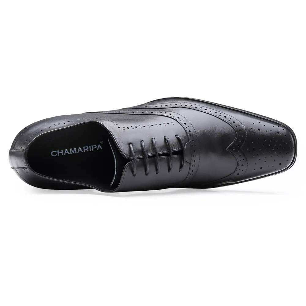 7 CM /2.76 Inches CMR CHAMARIPA Handcrafted Elevator Dress Shoes - Black Oxford Wingtip Shoes for Tall Men