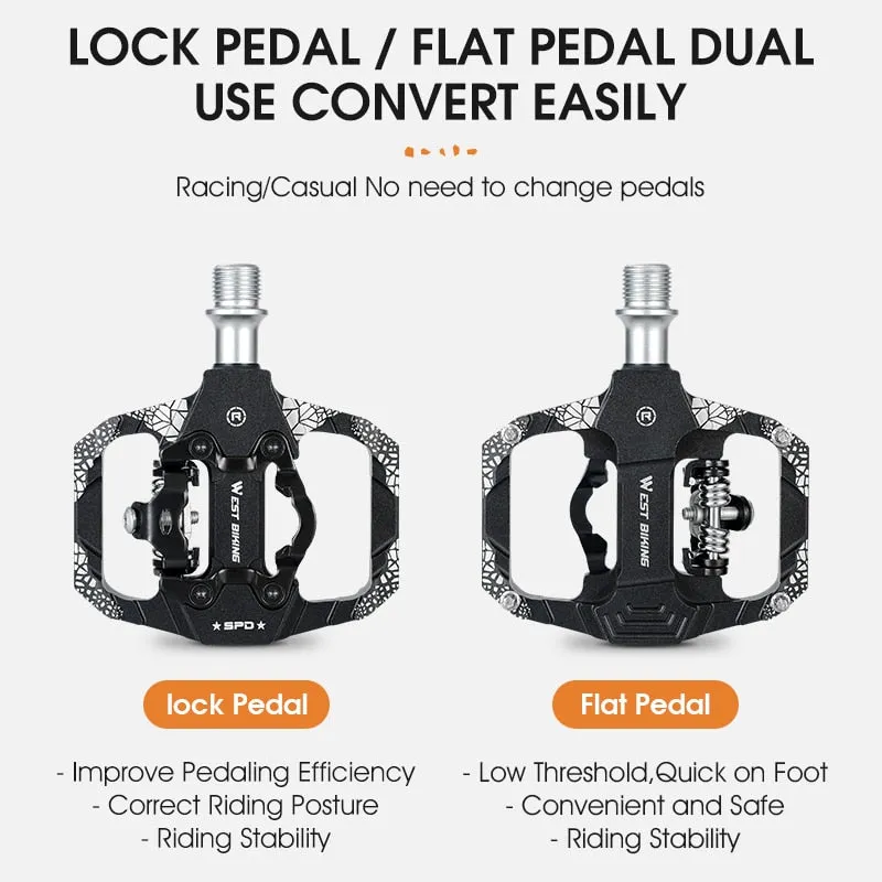 Bicycle Lock Pedal 2 In 1 With Free Cleat For SPD System MTB Road Bike Pedals Anti-slip Bearing Cycling Accessories