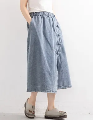 Buckle Hem Irregular Denim Mid-length Skirt