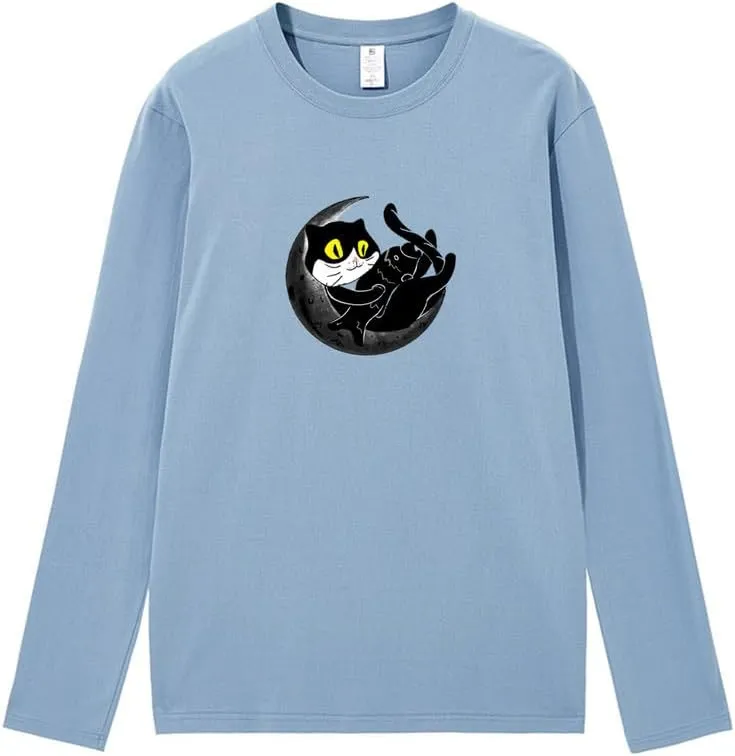 CORIRESHA Teen Fall Funny Cat Moon Crew Neck Long Sleeve Cotton T-Shirt