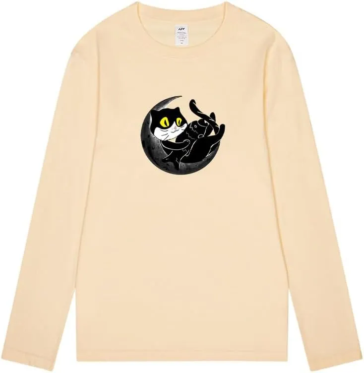 CORIRESHA Teen Fall Funny Cat Moon Crew Neck Long Sleeve Cotton T-Shirt