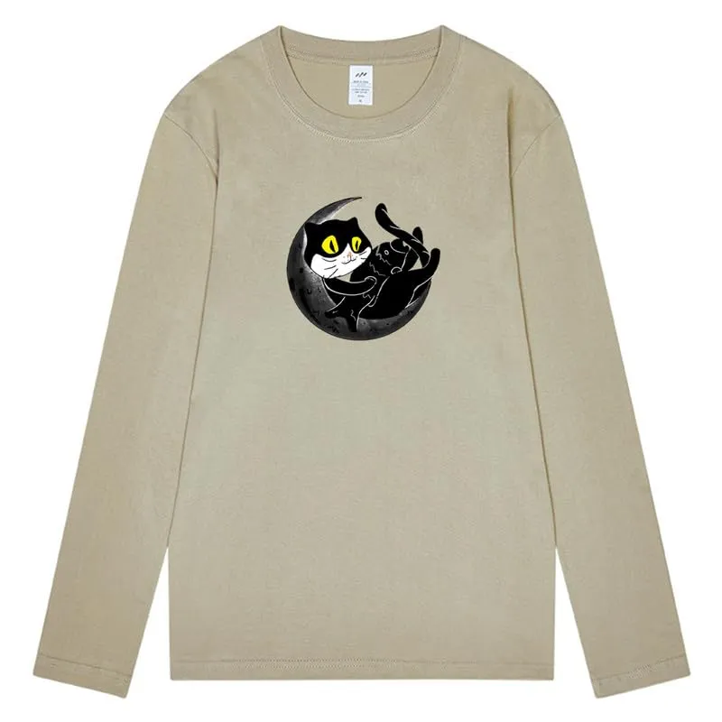 CORIRESHA Teen Fall Funny Cat Moon Crew Neck Long Sleeve Cotton T-Shirt