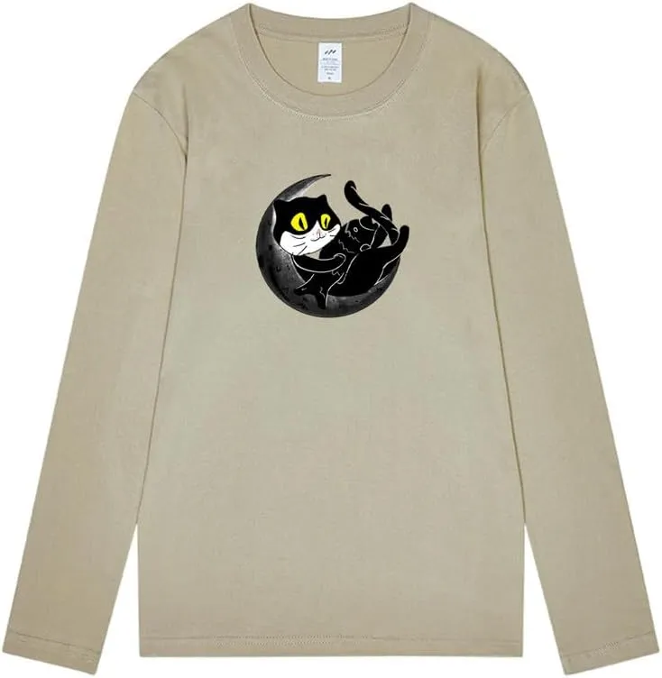 CORIRESHA Teen Fall Funny Cat Moon Crew Neck Long Sleeve Cotton T-Shirt