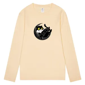 CORIRESHA Teen Fall Funny Cat Moon Crew Neck Long Sleeve Cotton T-Shirt