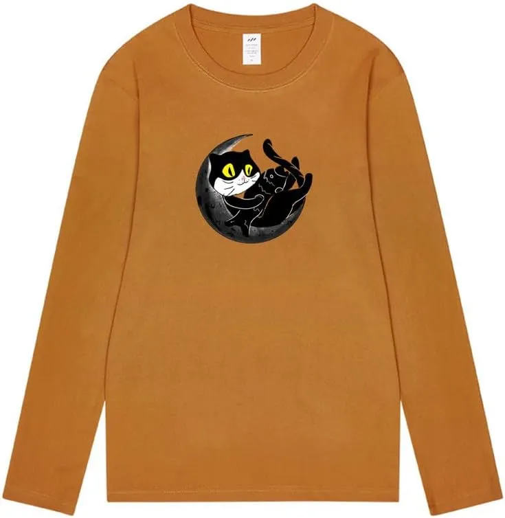 CORIRESHA Teen Fall Funny Cat Moon Crew Neck Long Sleeve Cotton T-Shirt