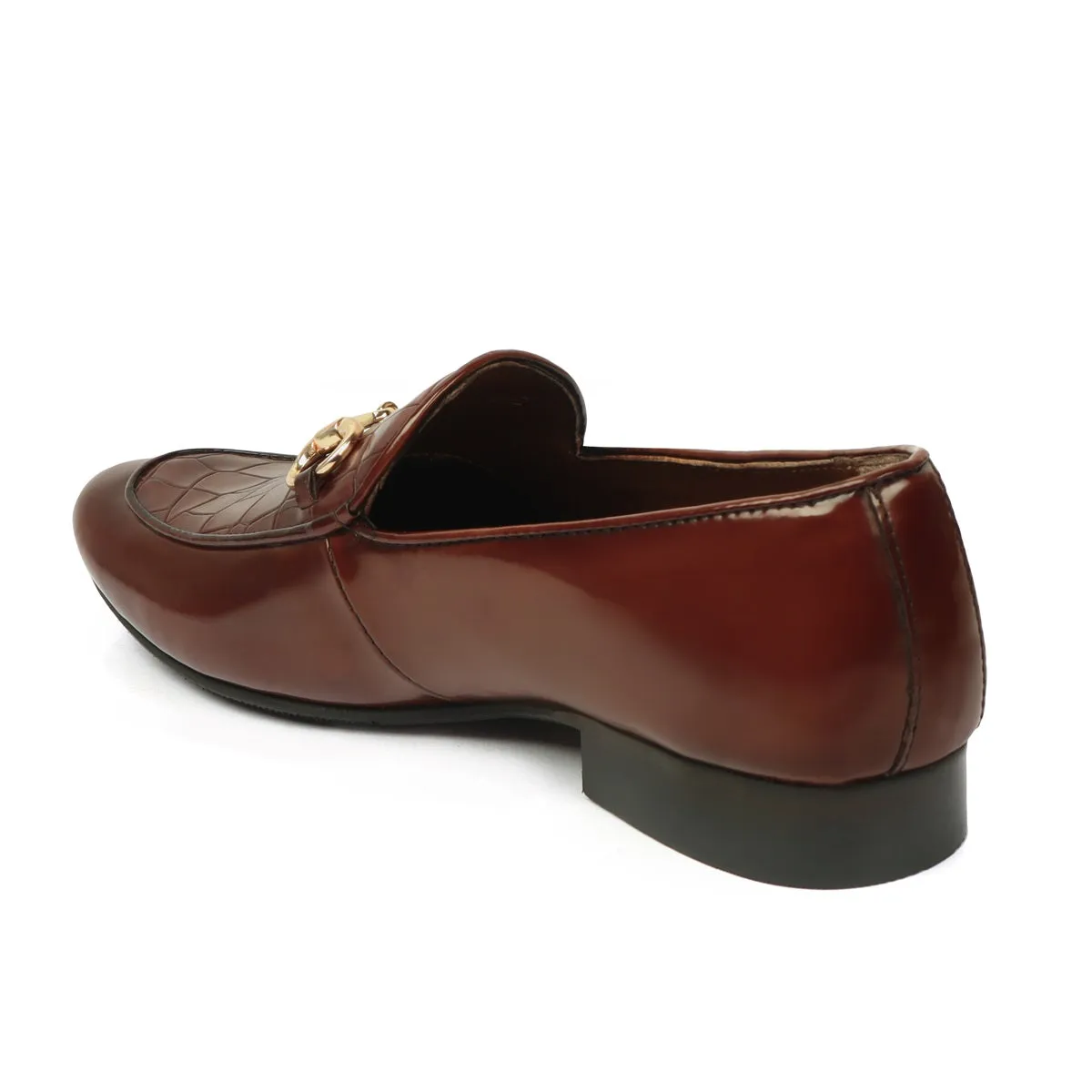 Dark Brown Patent Loafers with Deep Cut Croco Leather at Vamp