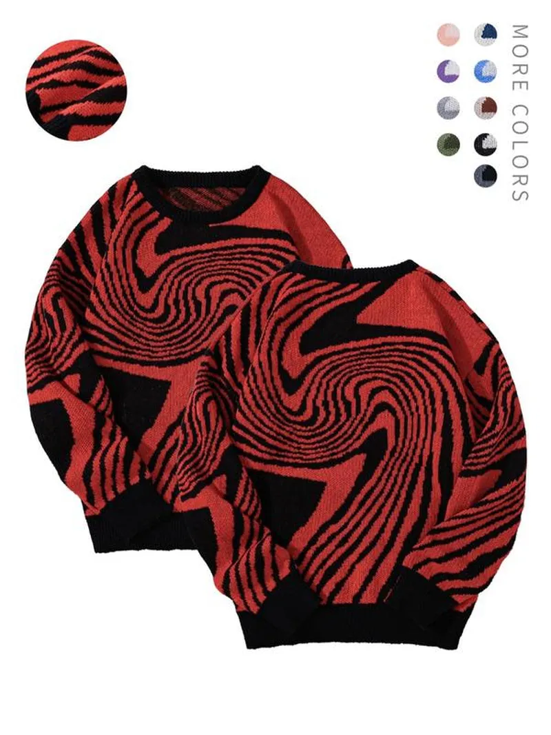 Fall Men'S All over Print Contrast Binding Sweater, Regular Fit Casual Streetwear Drop Shoulder round Neck Jumper, Y2K Stylish Menswear, Vintage Clothing