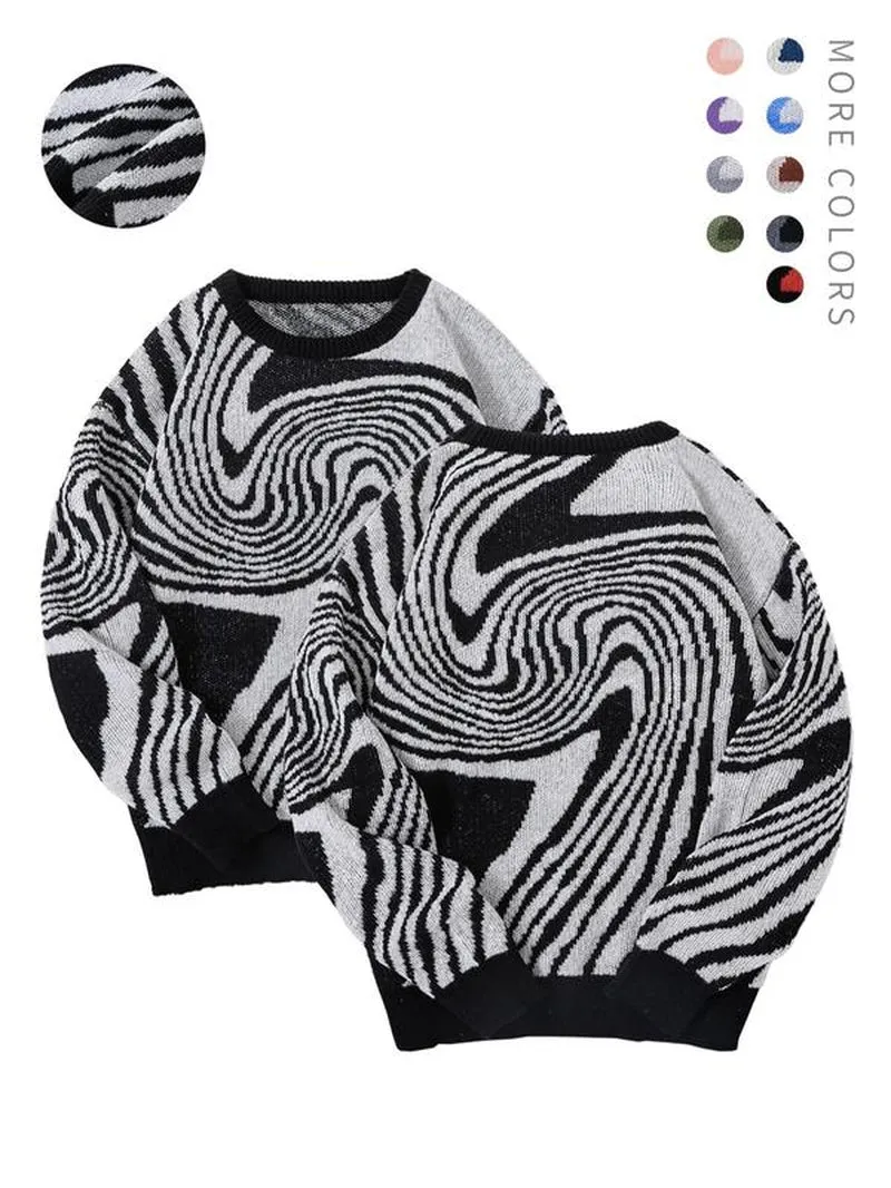 Fall Men'S All over Print Contrast Binding Sweater, Regular Fit Casual Streetwear Drop Shoulder round Neck Jumper, Y2K Stylish Menswear, Vintage Clothing