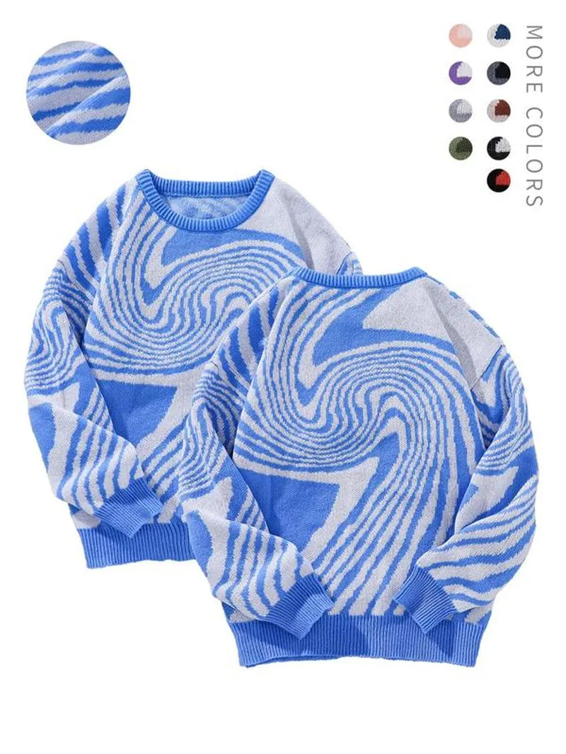 Fall Men'S All over Print Contrast Binding Sweater, Regular Fit Casual Streetwear Drop Shoulder round Neck Jumper, Y2K Stylish Menswear, Vintage Clothing