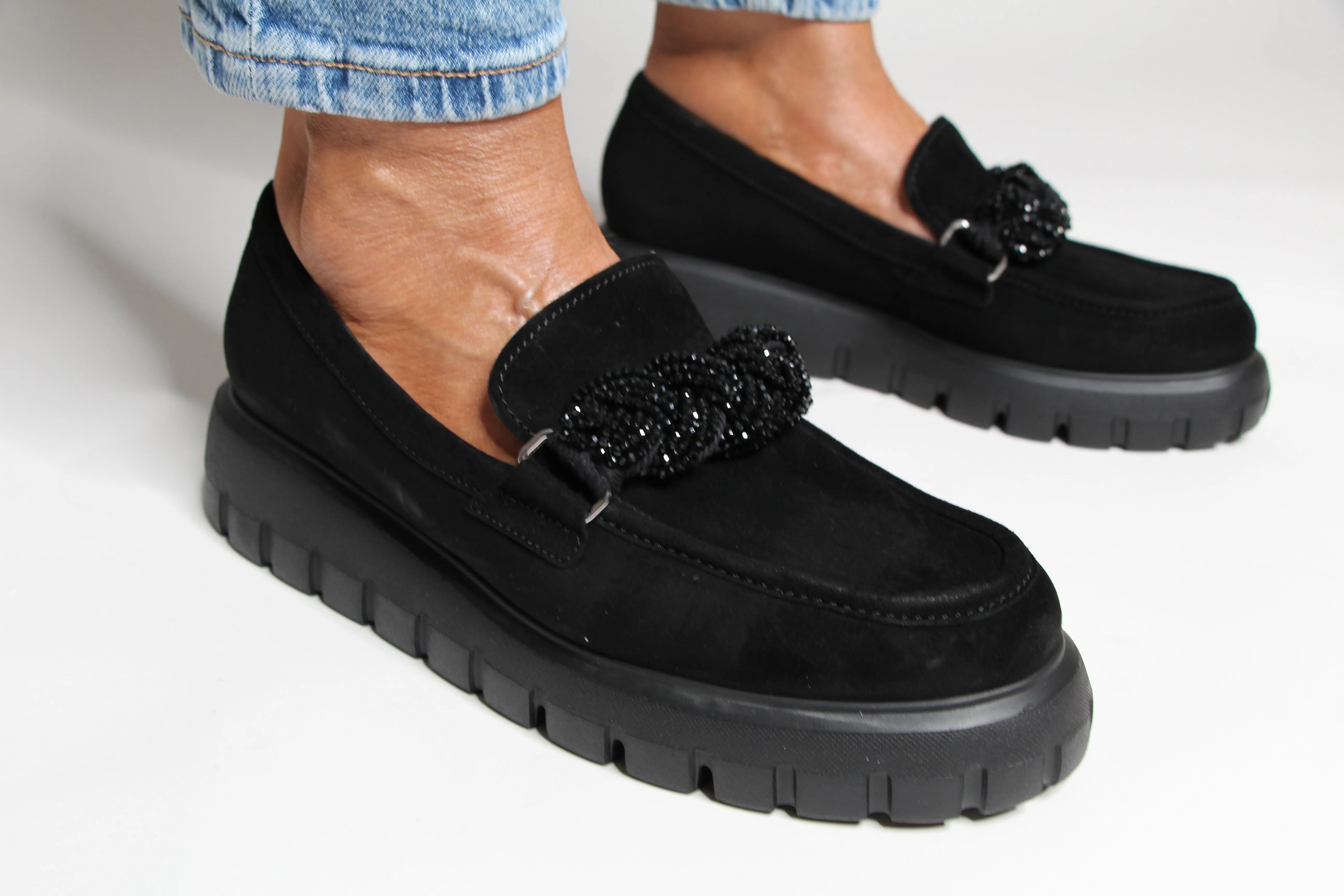 Gabor Black Suede Wedge Loafer 30117