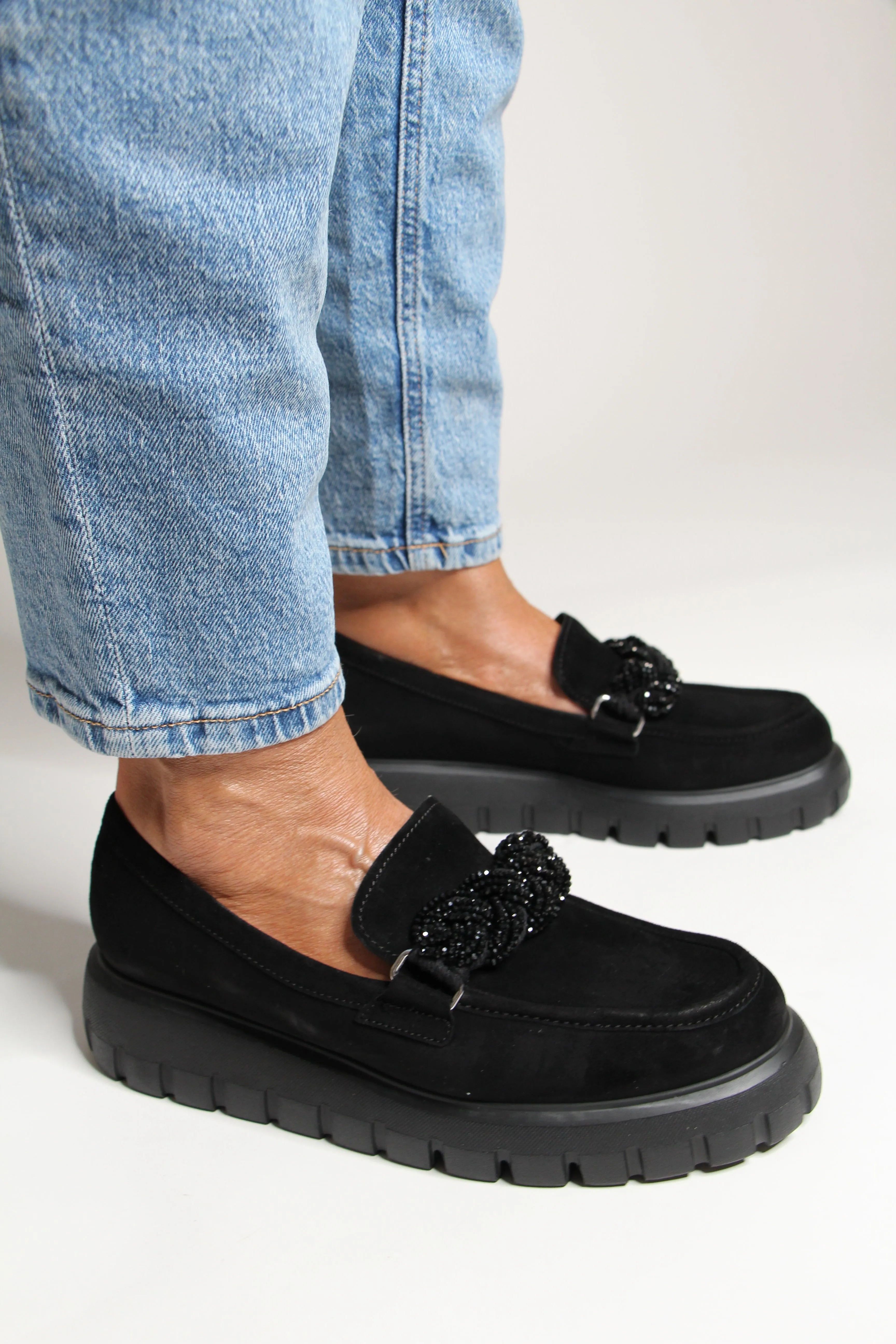 Gabor Black Suede Wedge Loafer 30117