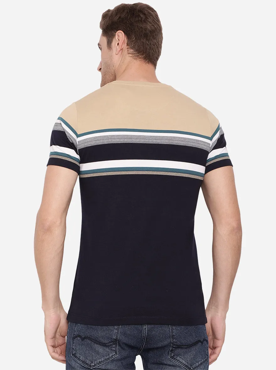 Khaki & Blue Striped Slim Fit T-Shirt | Greenfibre