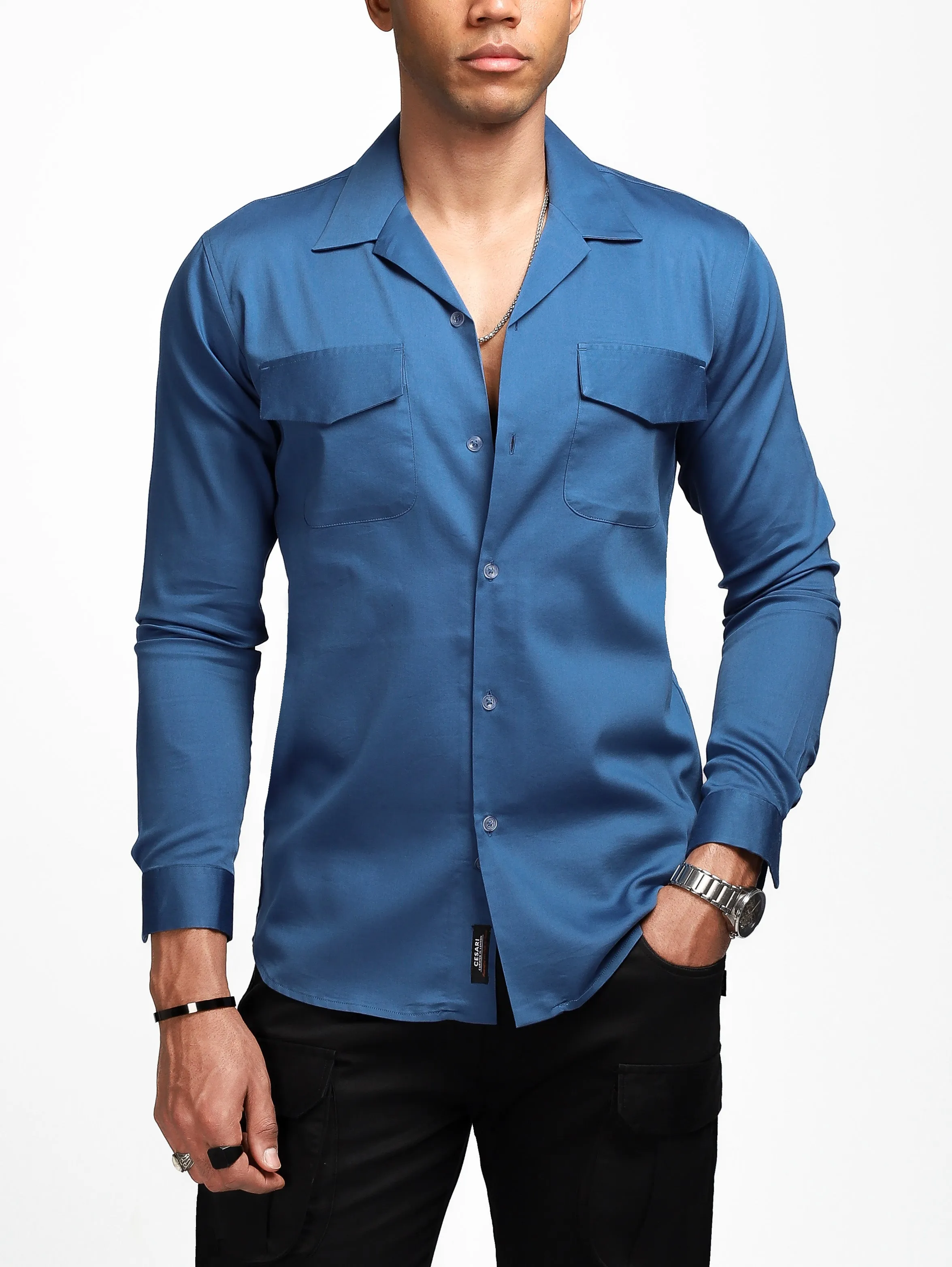 Luxe Blue Stretch Cuban  Shirt