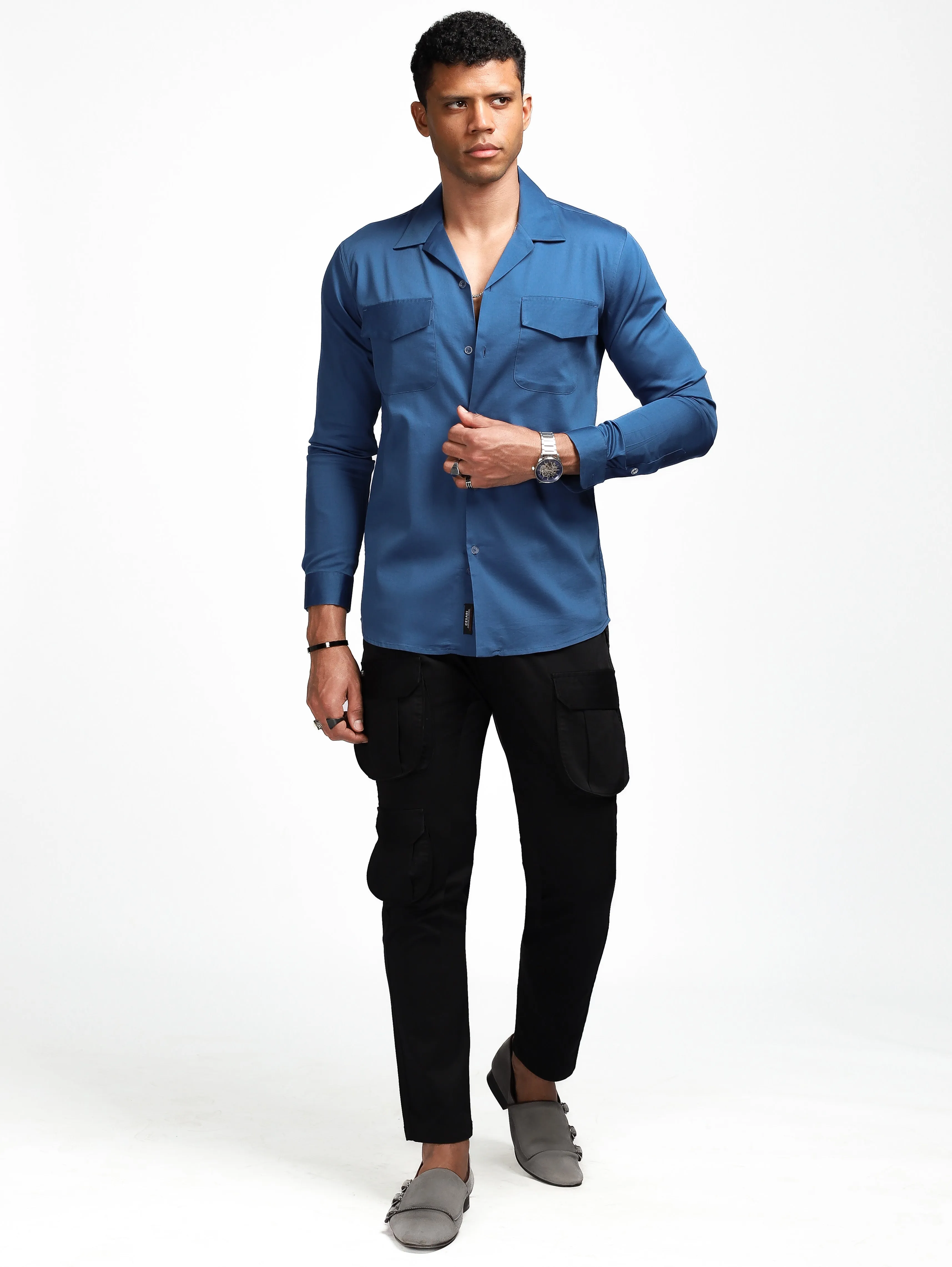 Luxe Blue Stretch Cuban  Shirt