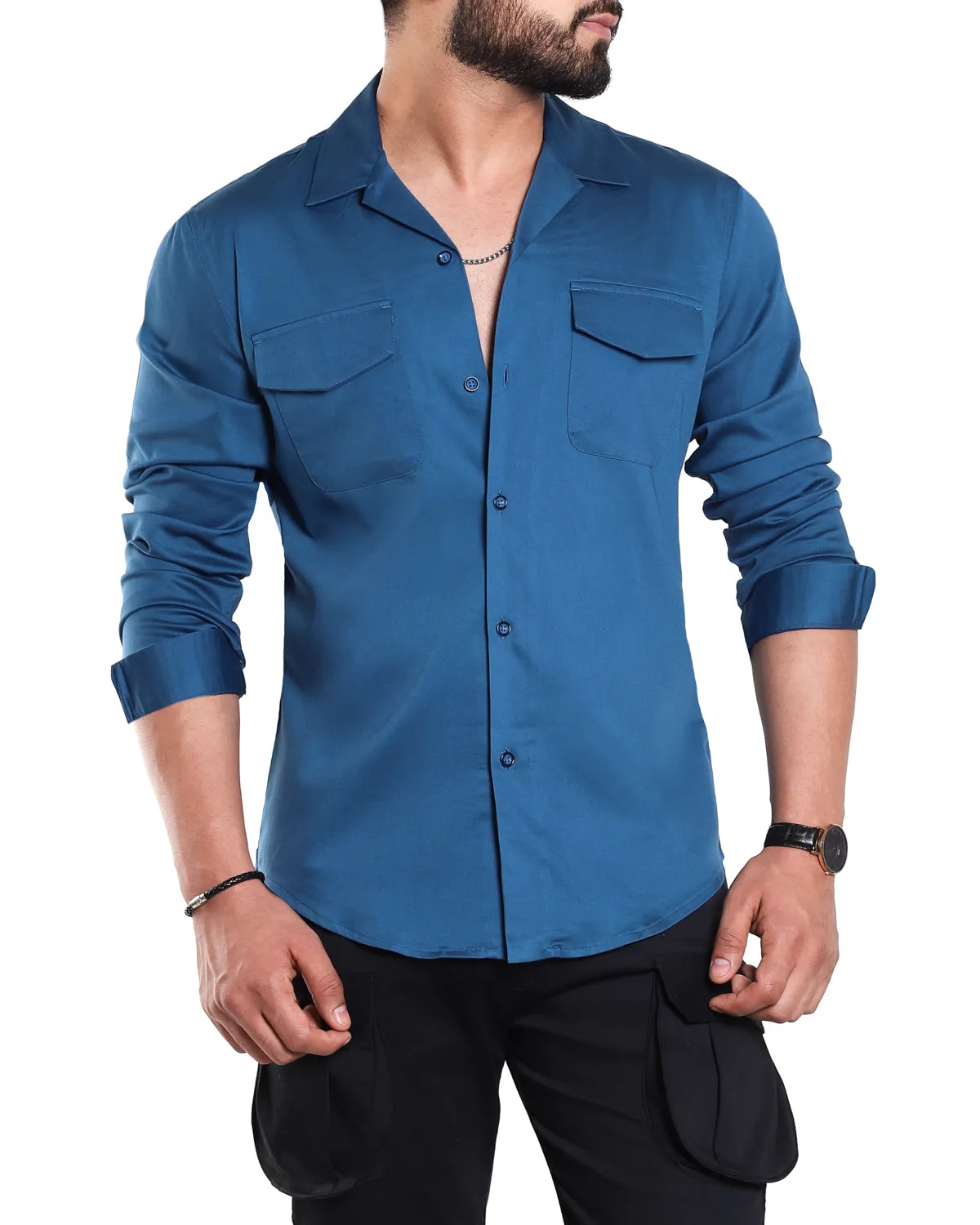 Luxe Blue Stretch Cuban  Shirt