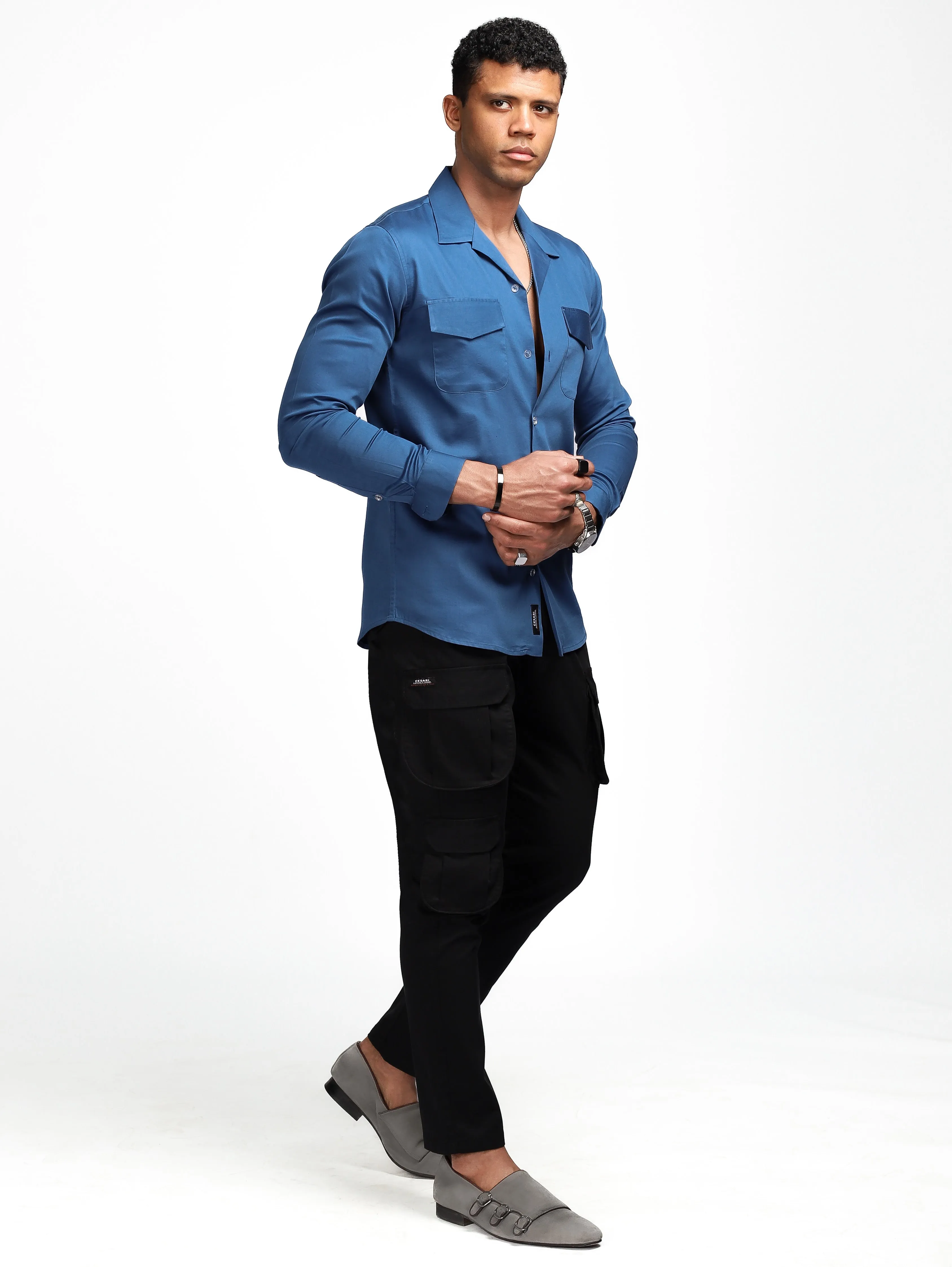 Luxe Blue Stretch Cuban  Shirt