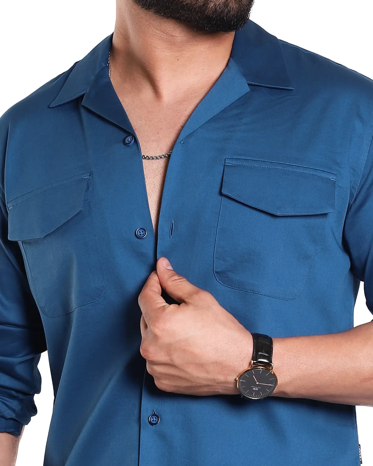 Luxe Blue Stretch Cuban  Shirt