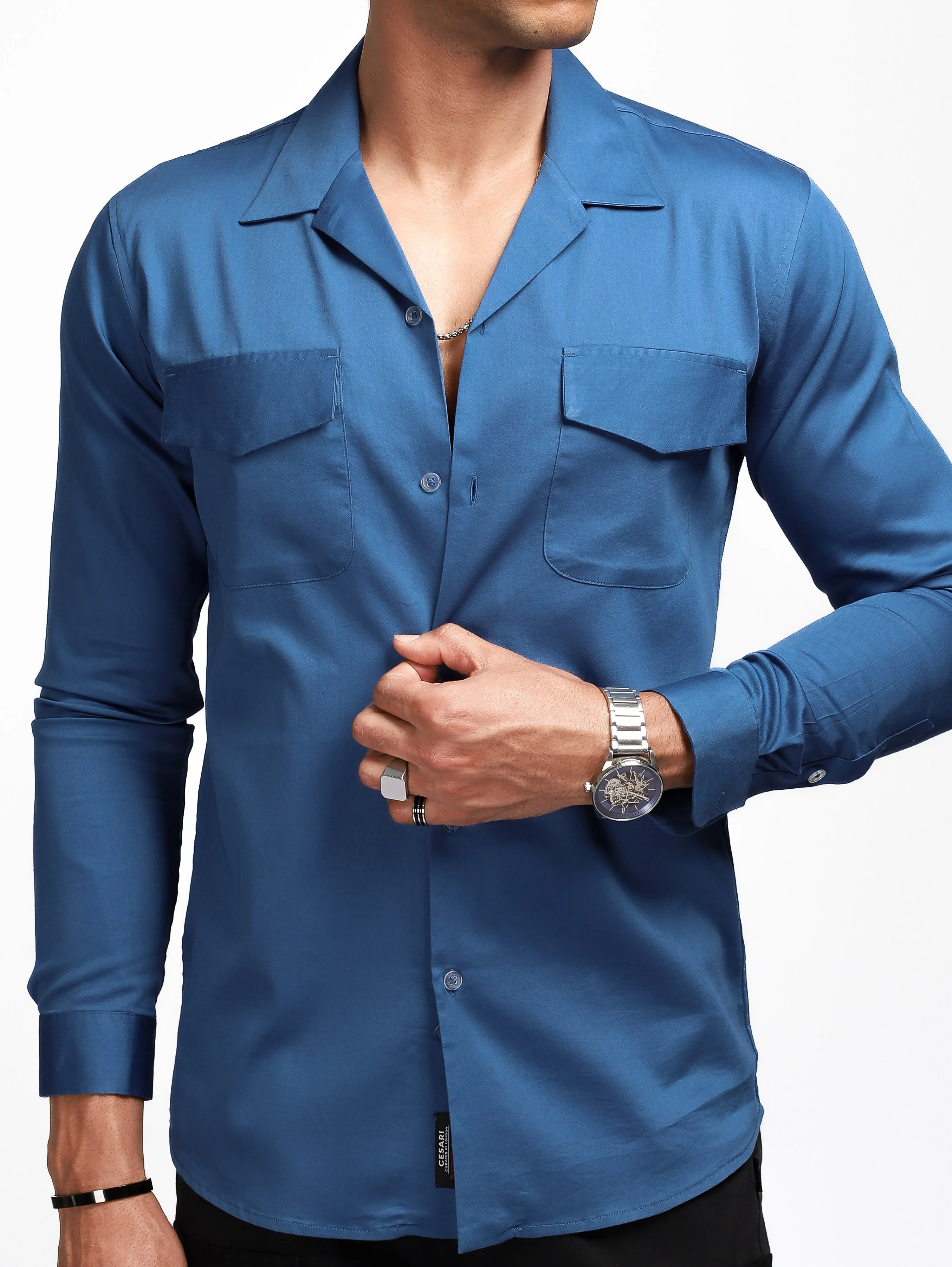 Luxe Blue Stretch Cuban  Shirt