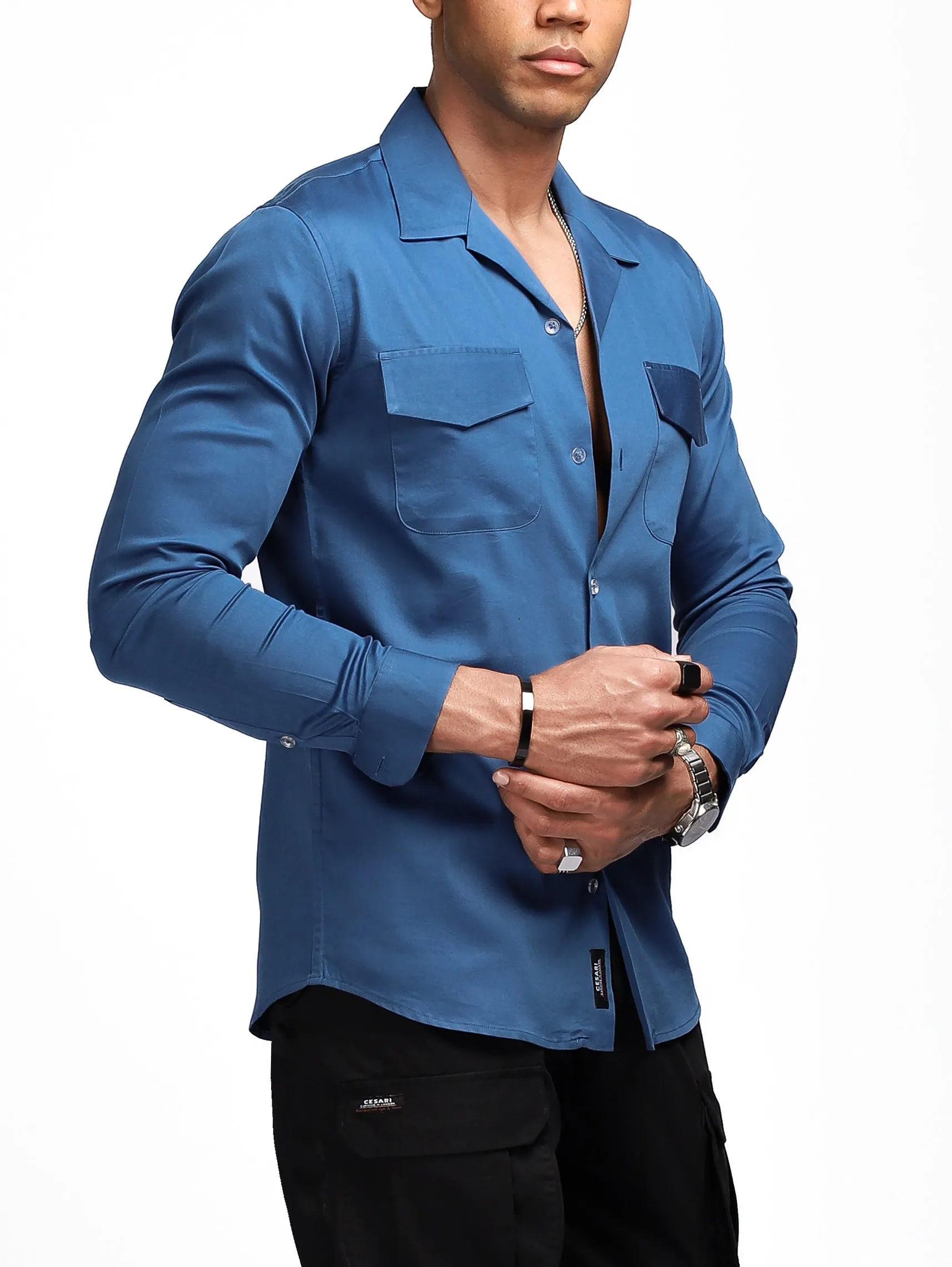 Luxe Blue Stretch Cuban  Shirt