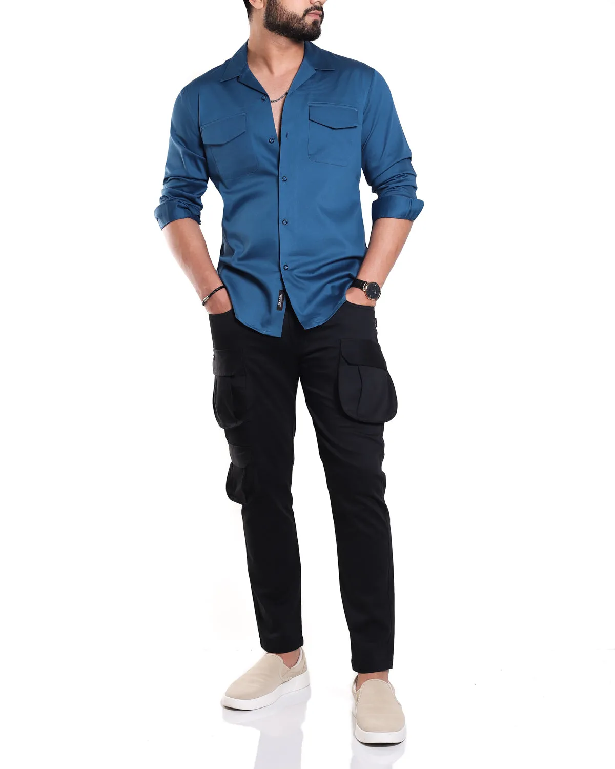 Luxe Blue Stretch Cuban  Shirt