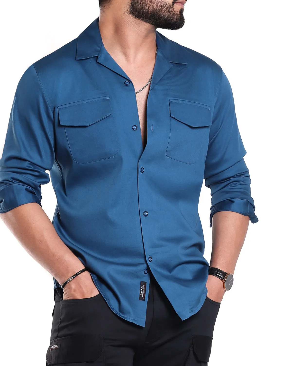 Luxe Blue Stretch Cuban  Shirt