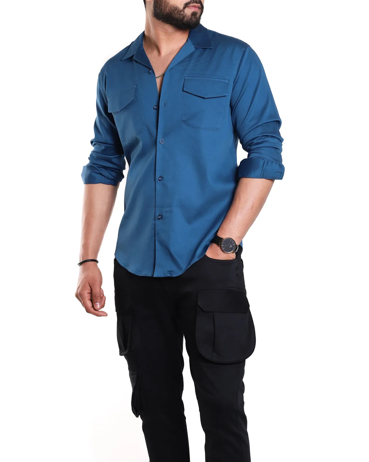 Luxe Blue Stretch Cuban  Shirt