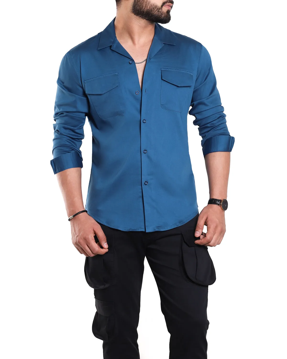 Luxe Blue Stretch Cuban  Shirt