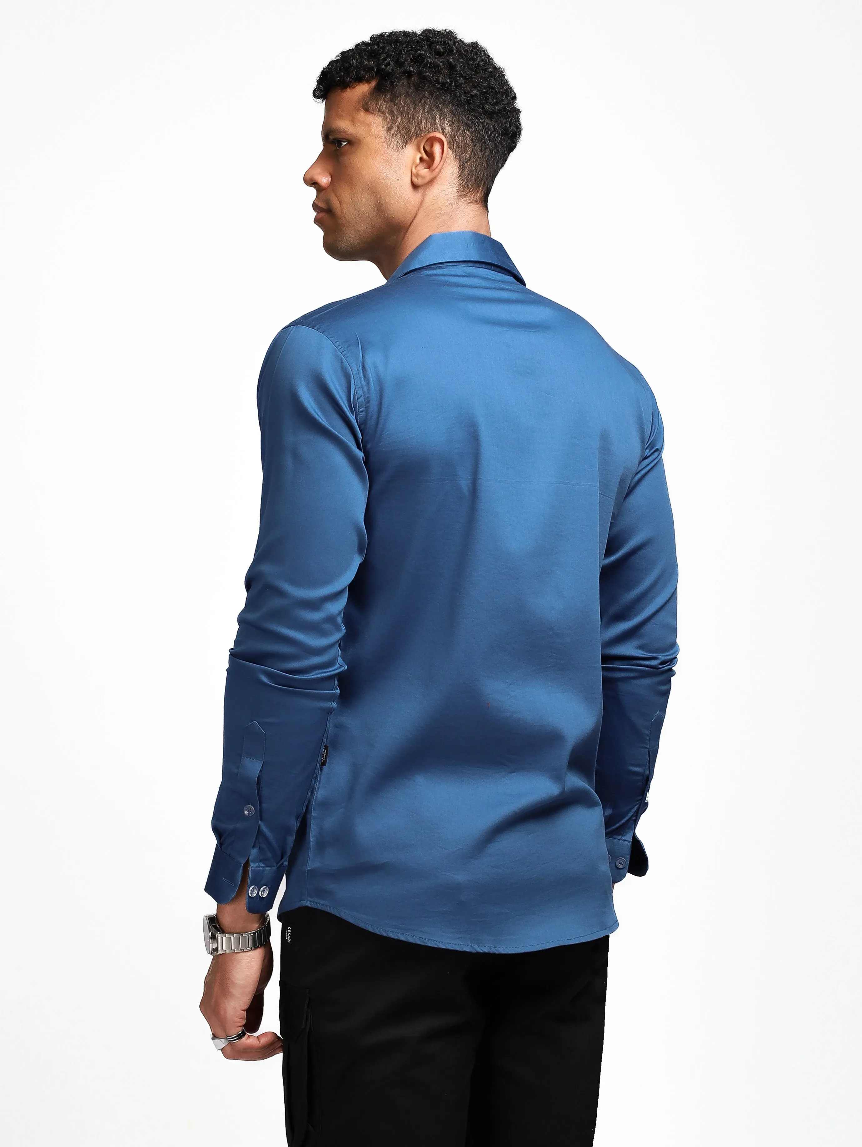 Luxe Blue Stretch Cuban  Shirt