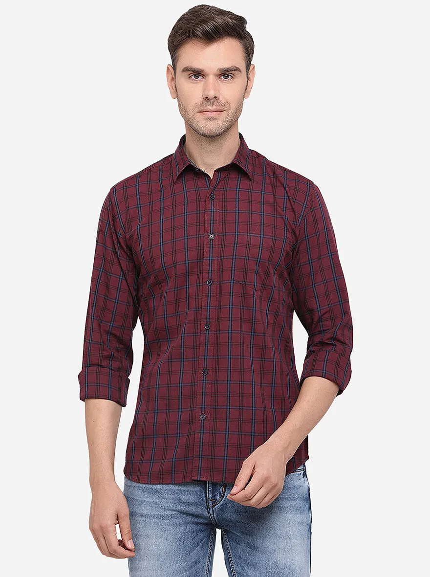 Maroon Checked Slim Fit Semi Casual Shirt | Greenfibre