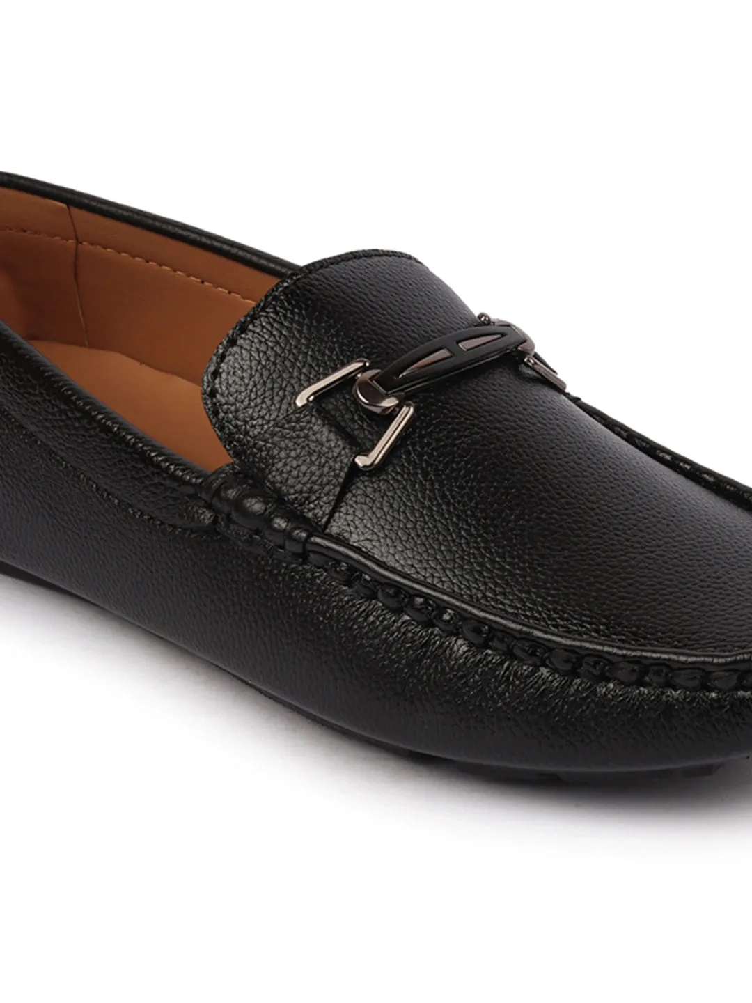 Men Black Casual Slip On Textured Stitched Design Driving Loafer and Moccasin Shoes