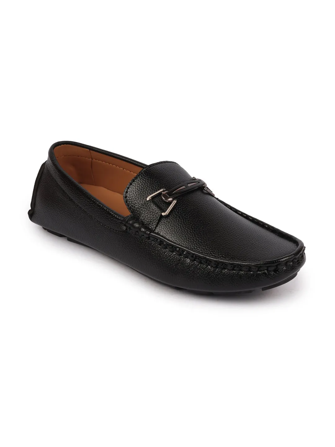 Men Black Casual Slip On Textured Stitched Design Driving Loafer and Moccasin Shoes