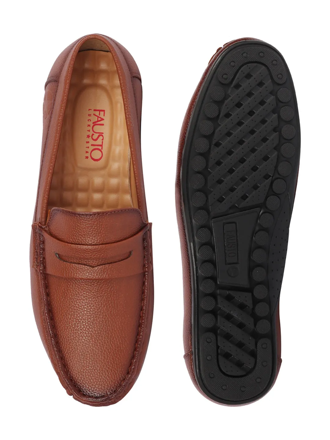 Men Tan Hand Stitched Textured Design Casual Slip On Moccasins and Loafers