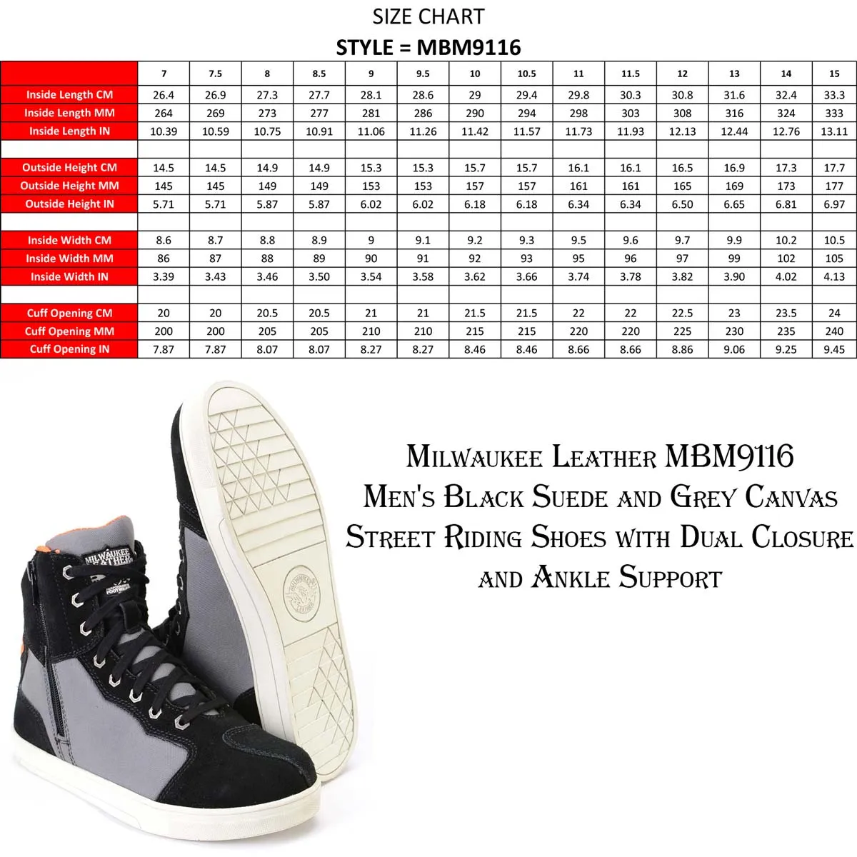 Milwaukee Leather MBM9116 Men's Black Suede and Grey Canvas Street Riding Shoes with Dual Closure and Ankle Support