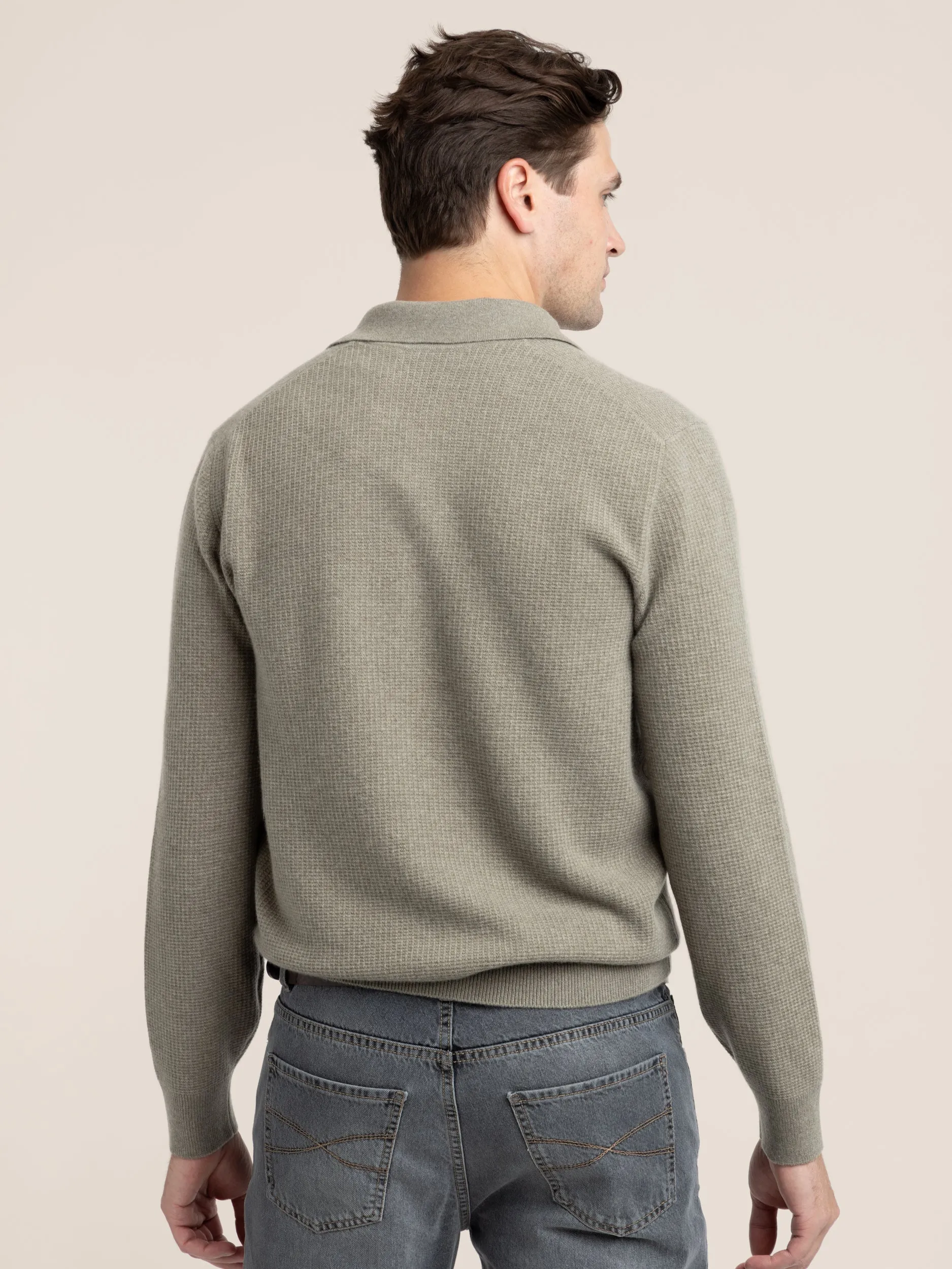 Olive Green Cashmere Waffle Stitch Knit Polo