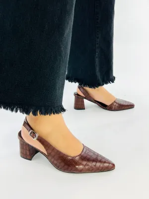 Spunkz Wood Embossed Croc Pattern Slingback Block Heel