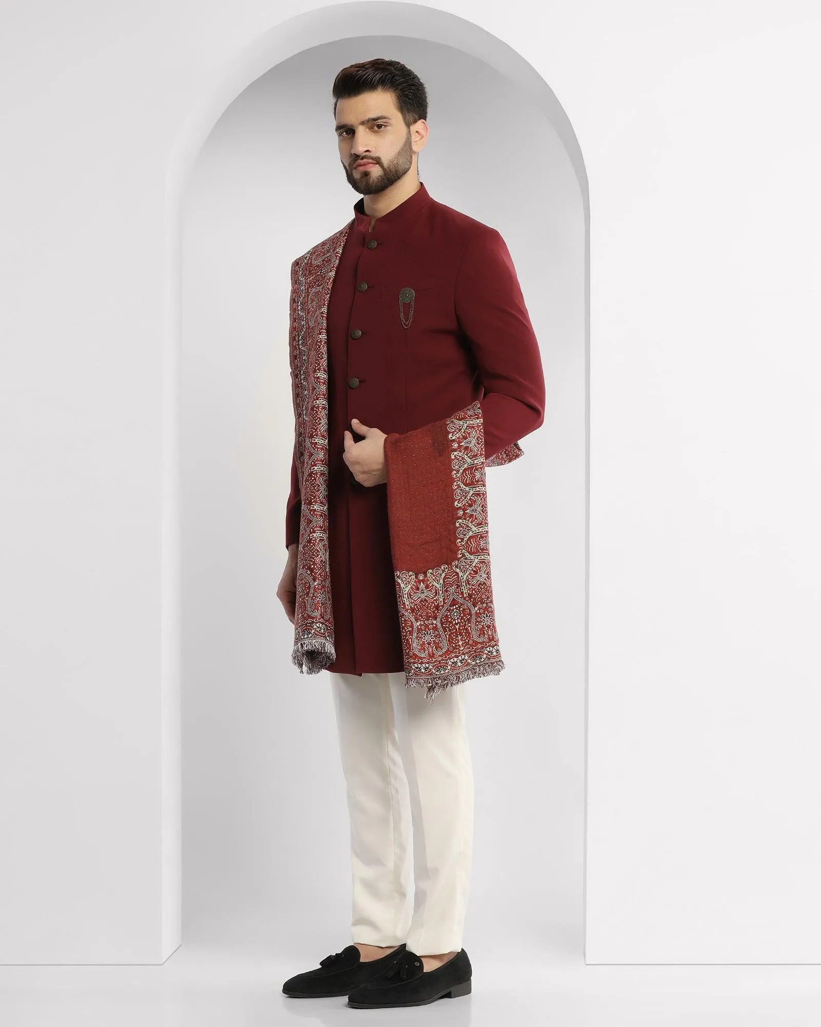 Swarn Two Piece Wine Textured Achkan Set - Tren