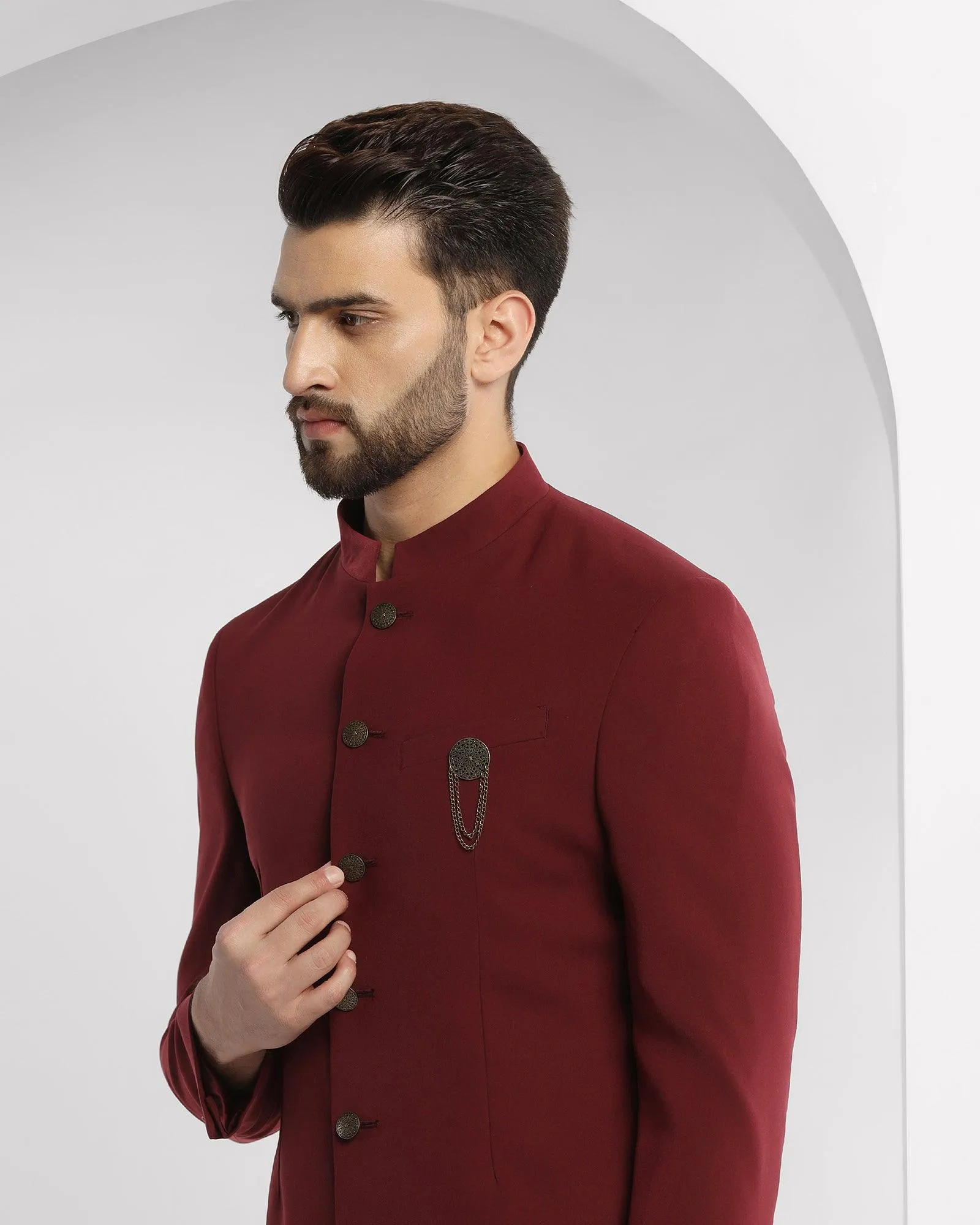 Swarn Two Piece Wine Textured Achkan Set - Tren