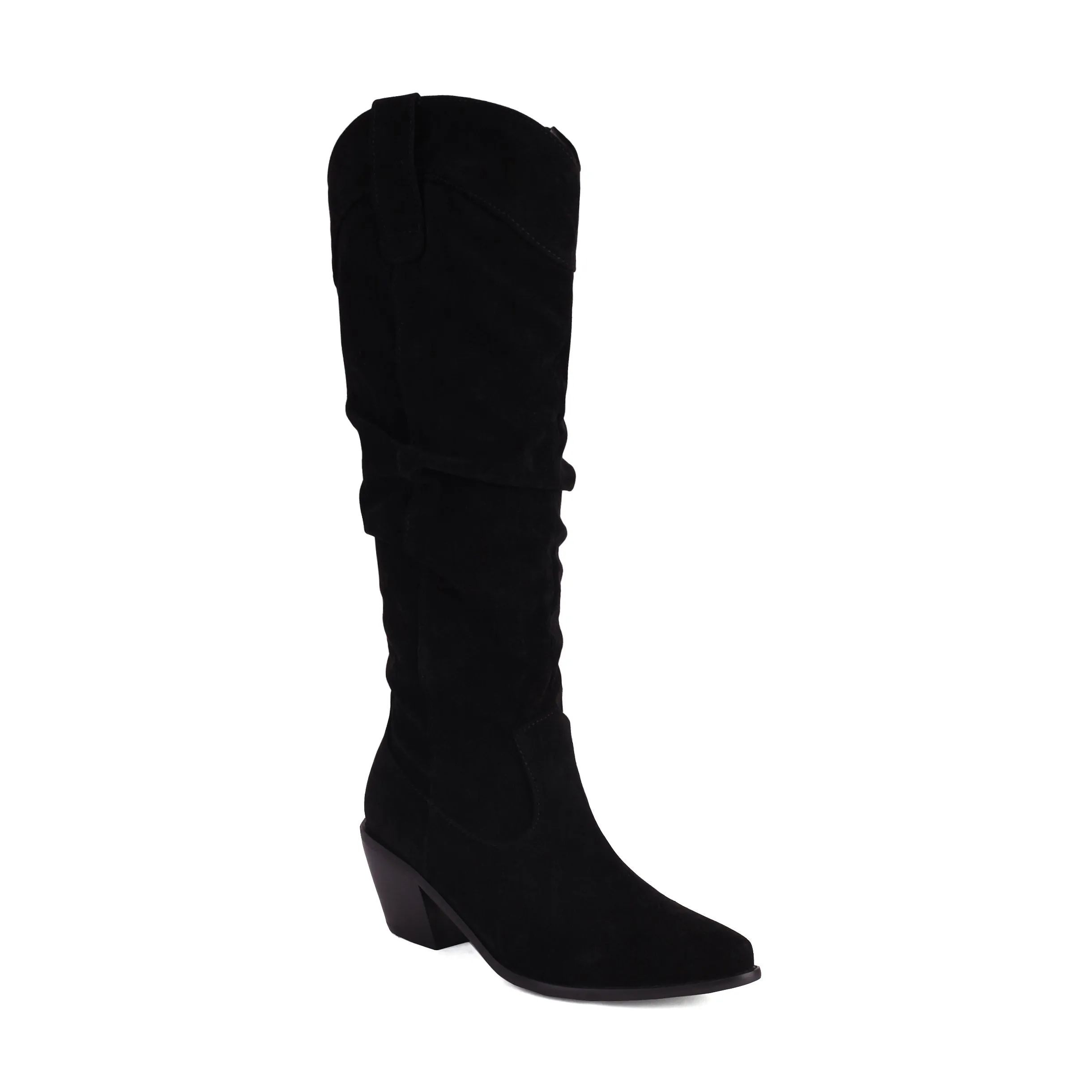 Western Boot Block Heel Suede Scrunch Knee Boot