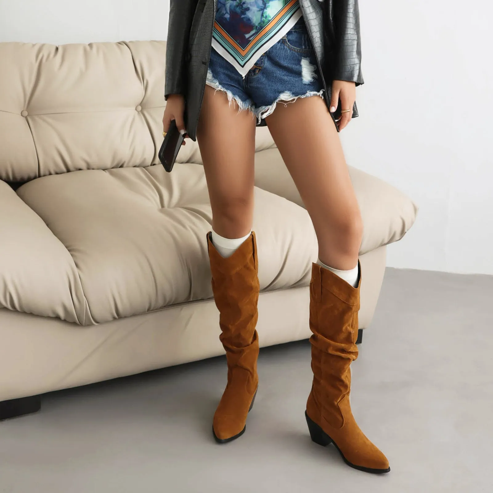 Western Boot Block Heel Suede Scrunch Knee Boot