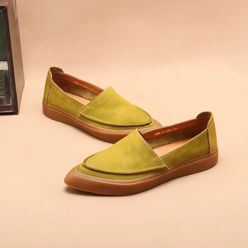 Witch Style Point Toe Soft Leather Flat Loafers in Green/Coffee/Black/Apricot