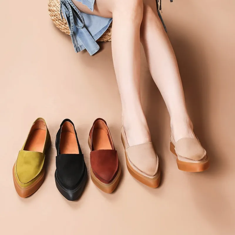 Witch Style Point Toe Soft Leather Flat Loafers in Green/Coffee/Black/Apricot