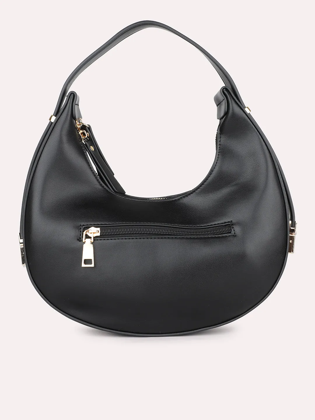 Women Black Solid PU Half Moon Resizeable Shoulder Bag