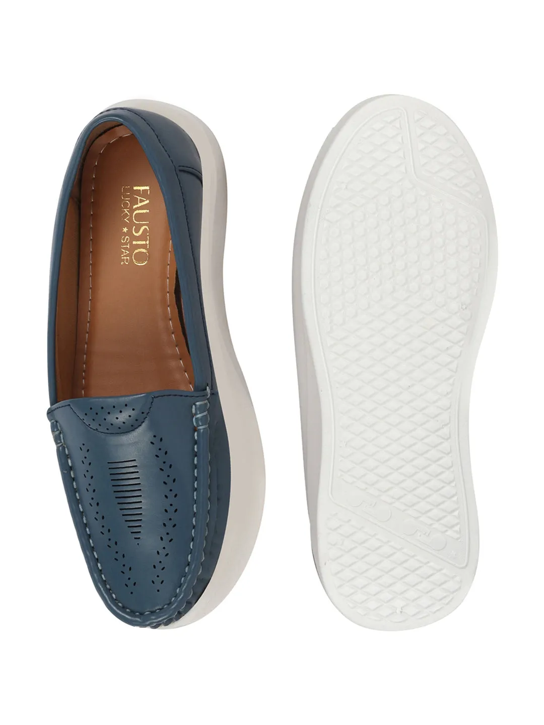 Women Blue Perforation Laser Cut Stitched Casual Slip On Loafer|Work|Outdoor|Slip On Shoes|Office Wear