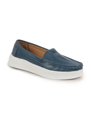 Women Blue Perforation Laser Cut Stitched Casual Slip On Loafer|Work|Outdoor|Slip On Shoes|Office Wear