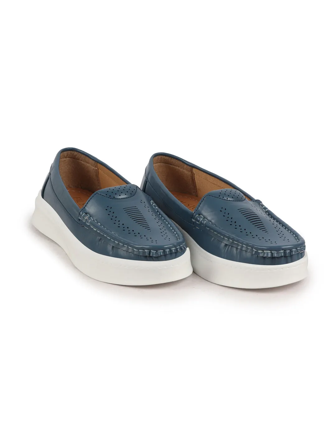 Women Blue Perforation Laser Cut Stitched Casual Slip On Loafer|Work|Outdoor|Slip On Shoes|Office Wear